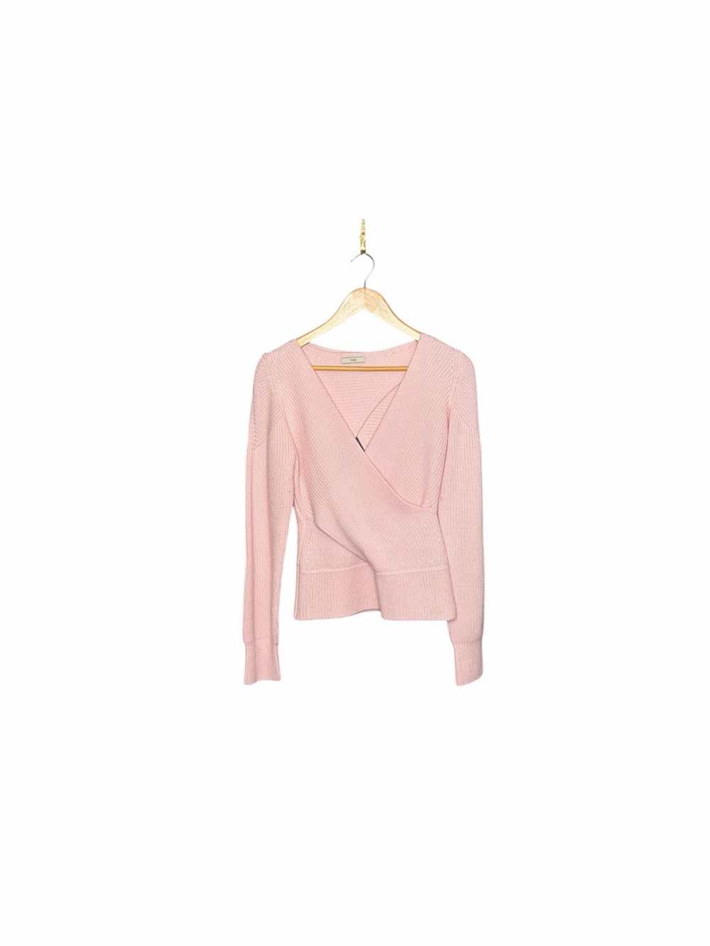 TOME Wrap-Effect Cutout Ribbed Merino Wool Sweater Light Pink V-Neck